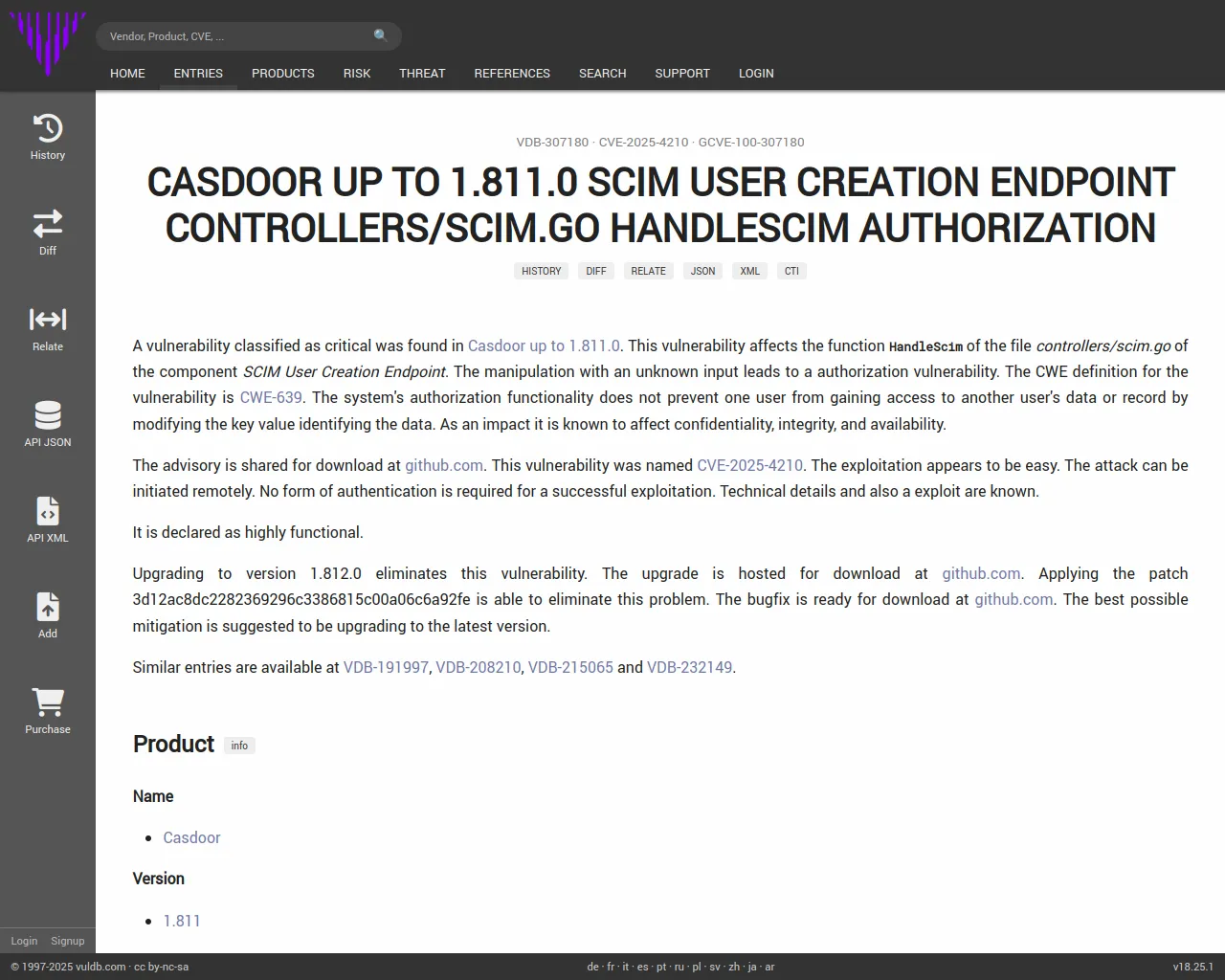 CVE-2025-4210 Casdoor SCIM User Creation Endpoint scim.go HandleScim authorization