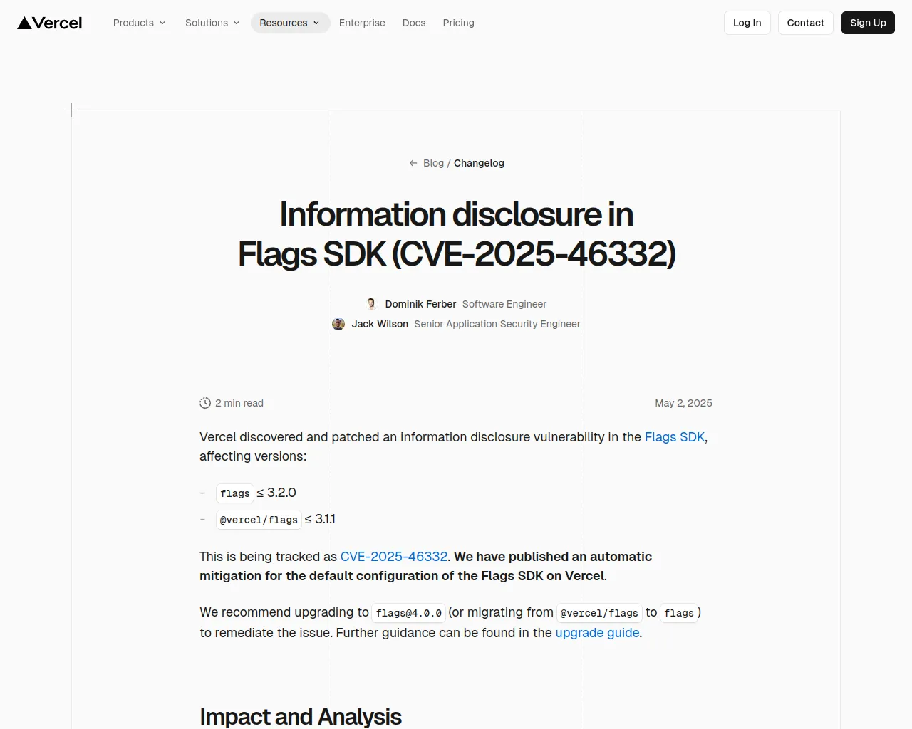 Information disclosure in Flags SDK (CVE-2025-46332) - Vercel