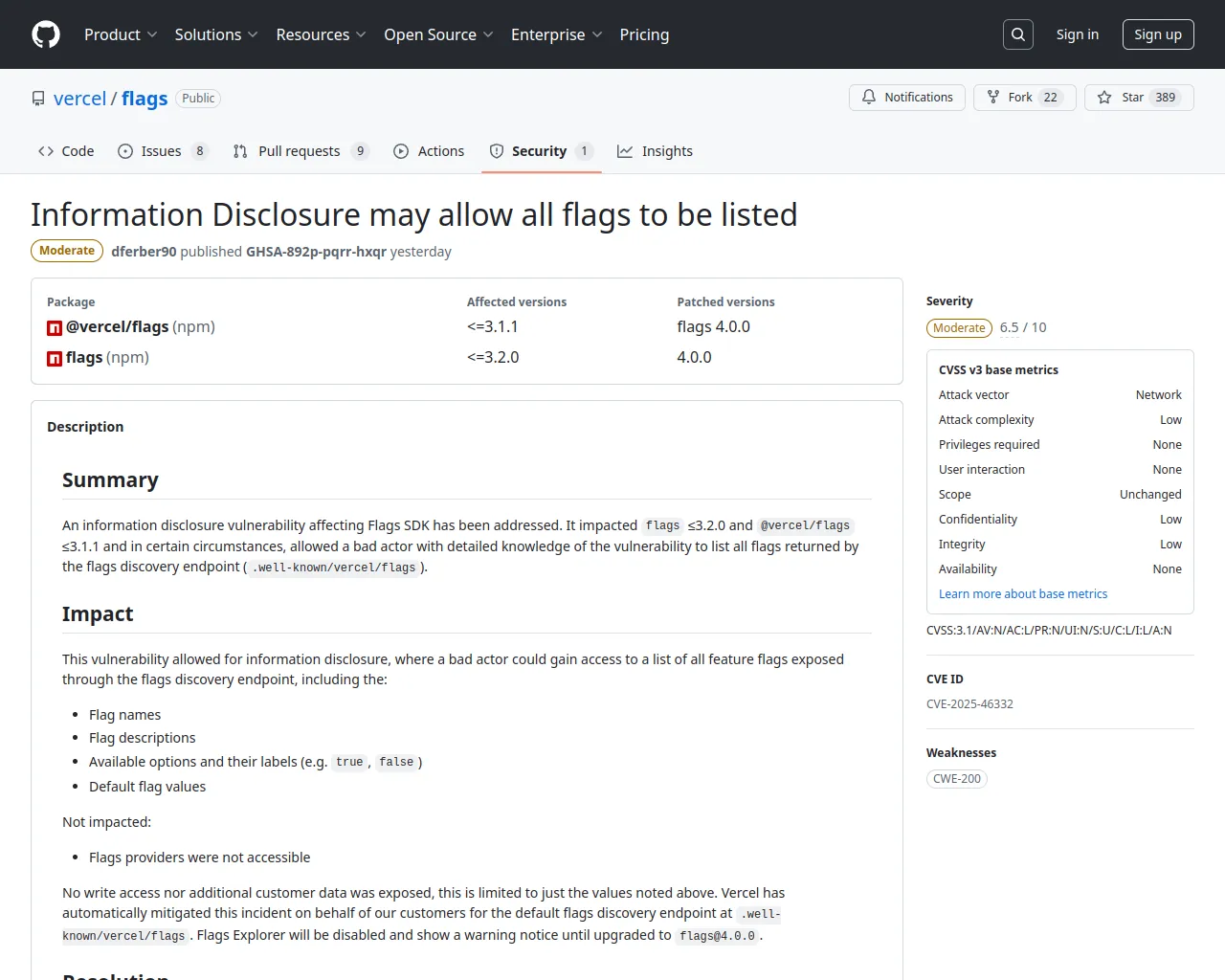 Information Disclosure may allow all flags to be listed · Advisory · vercel/flags · GitHub