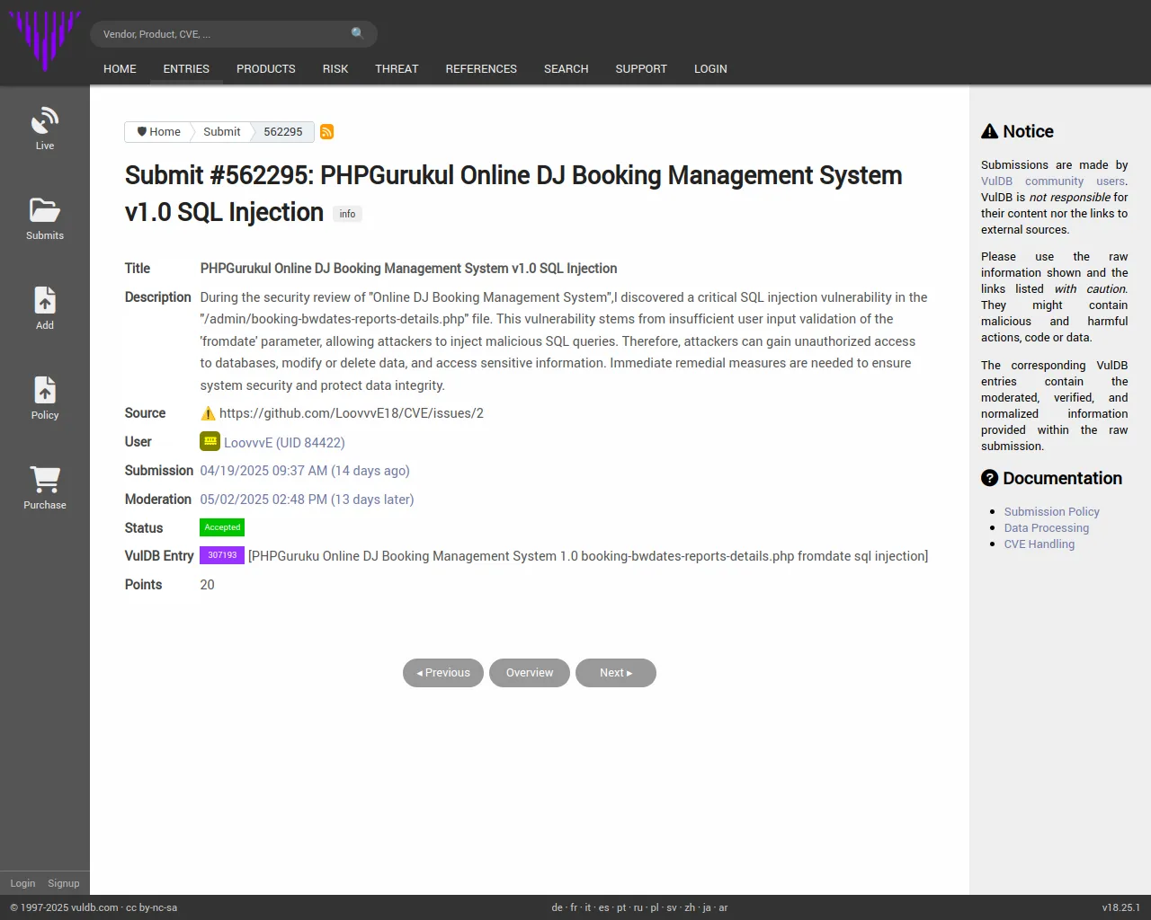 Submit #562295: PHPGurukul Online DJ Booking Management System v1.0 SQL Injection