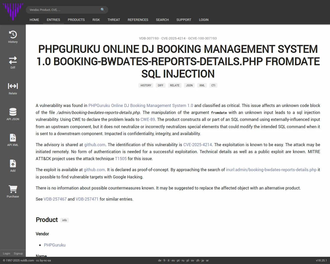 CVE-2025-4214 PHPGuruku Online DJ Booking Management System booking-bwdates-reports-details.php sql injection