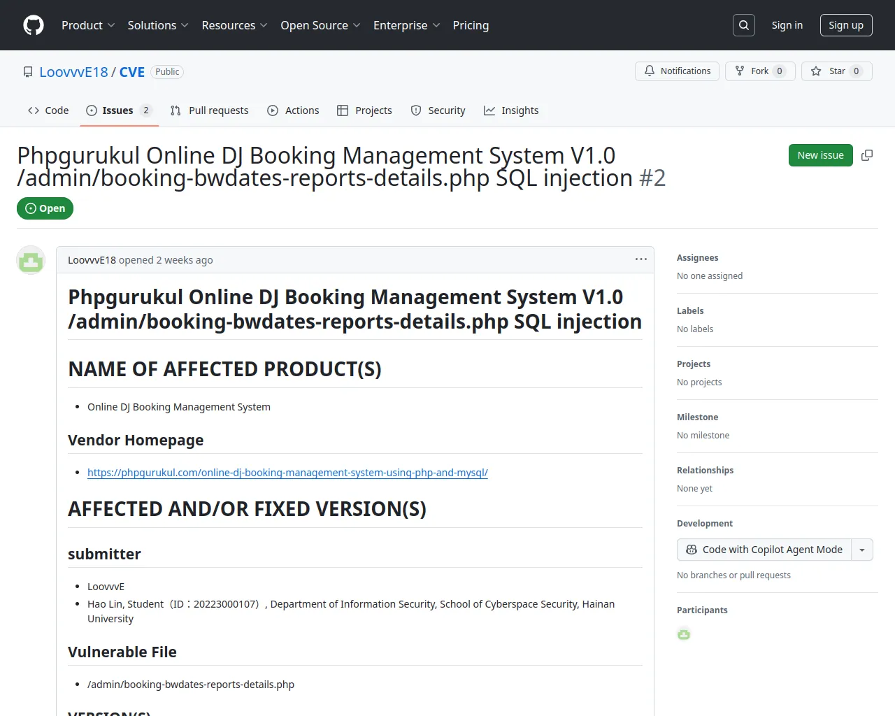 Phpgurukul Online DJ Booking Management System V1.0 /admin/booking-bwdates-reports-details.php SQL injection · Issue #2 · LoovvvE18/CVE