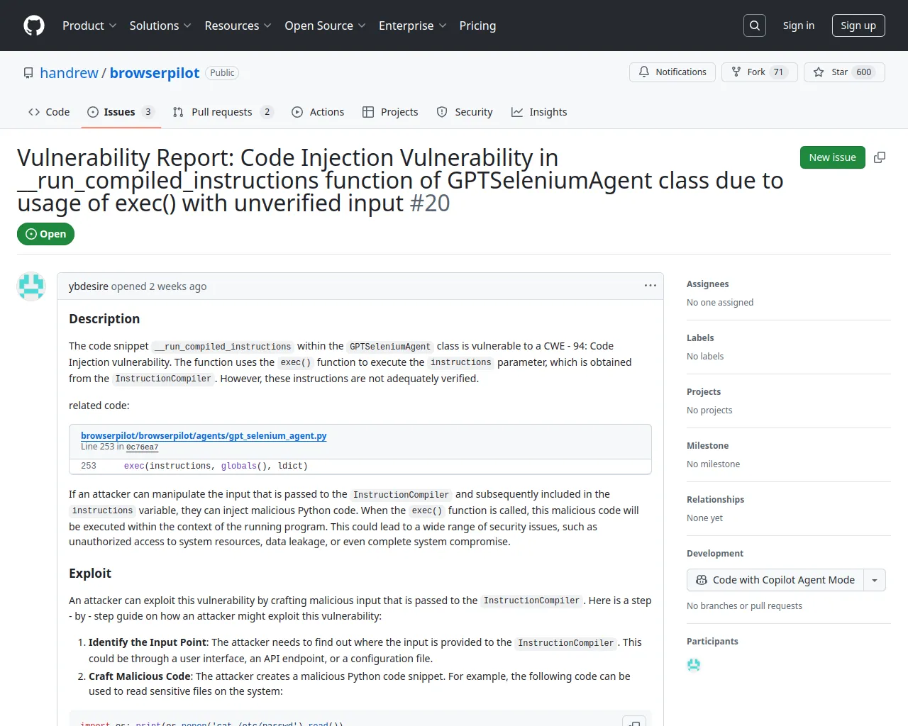Vulnerability Report: Code Injection Vulnerability in __run_compiled_instructions function of GPTSeleniumAgent class due to usage of exec() with unverified input · Issue #20 · handrew/browserpilot