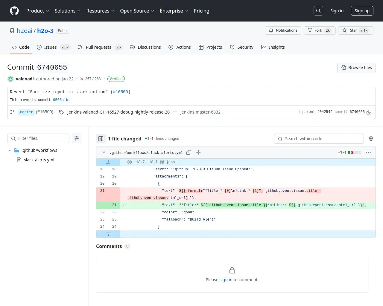 Revert "Sanitize input in slack action" (#16500) · h2oai/h2o-3@6740655 · GitHub