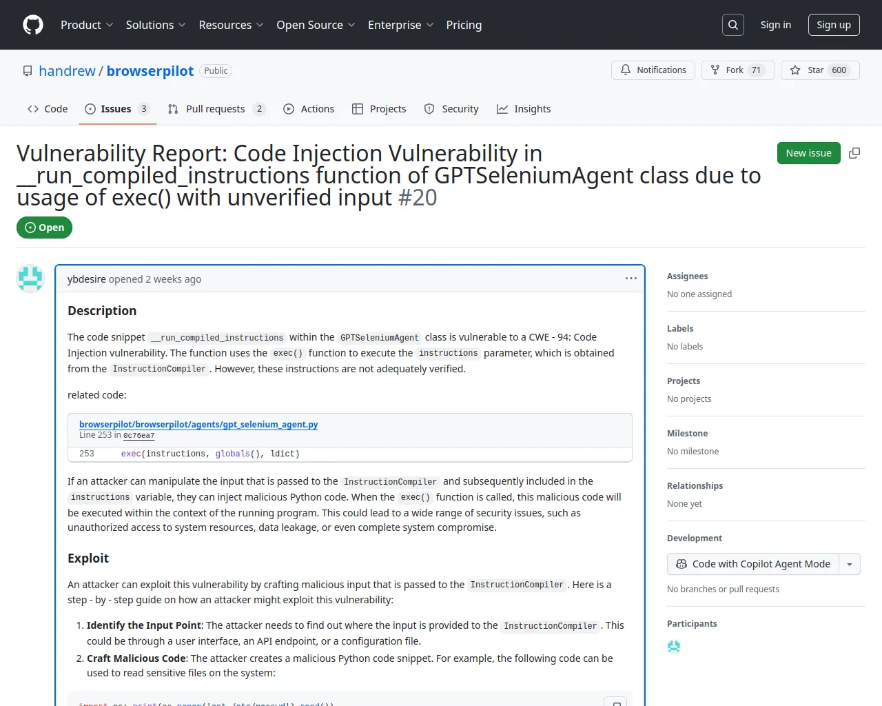 Vulnerability Report: Code Injection Vulnerability in __run_compiled_instructions function of GPTSeleniumAgent class due to usage of exec() with unverified input · Issue #20 · handrew/browserpilot