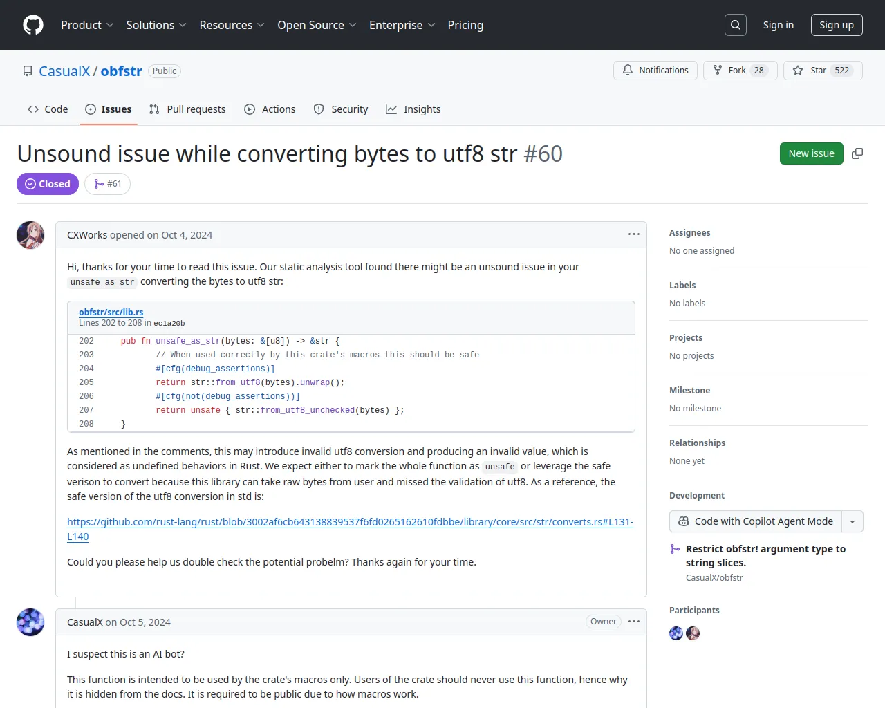 Unsound issue while converting bytes to utf8 str · Issue #60 · CasualX/obfstr