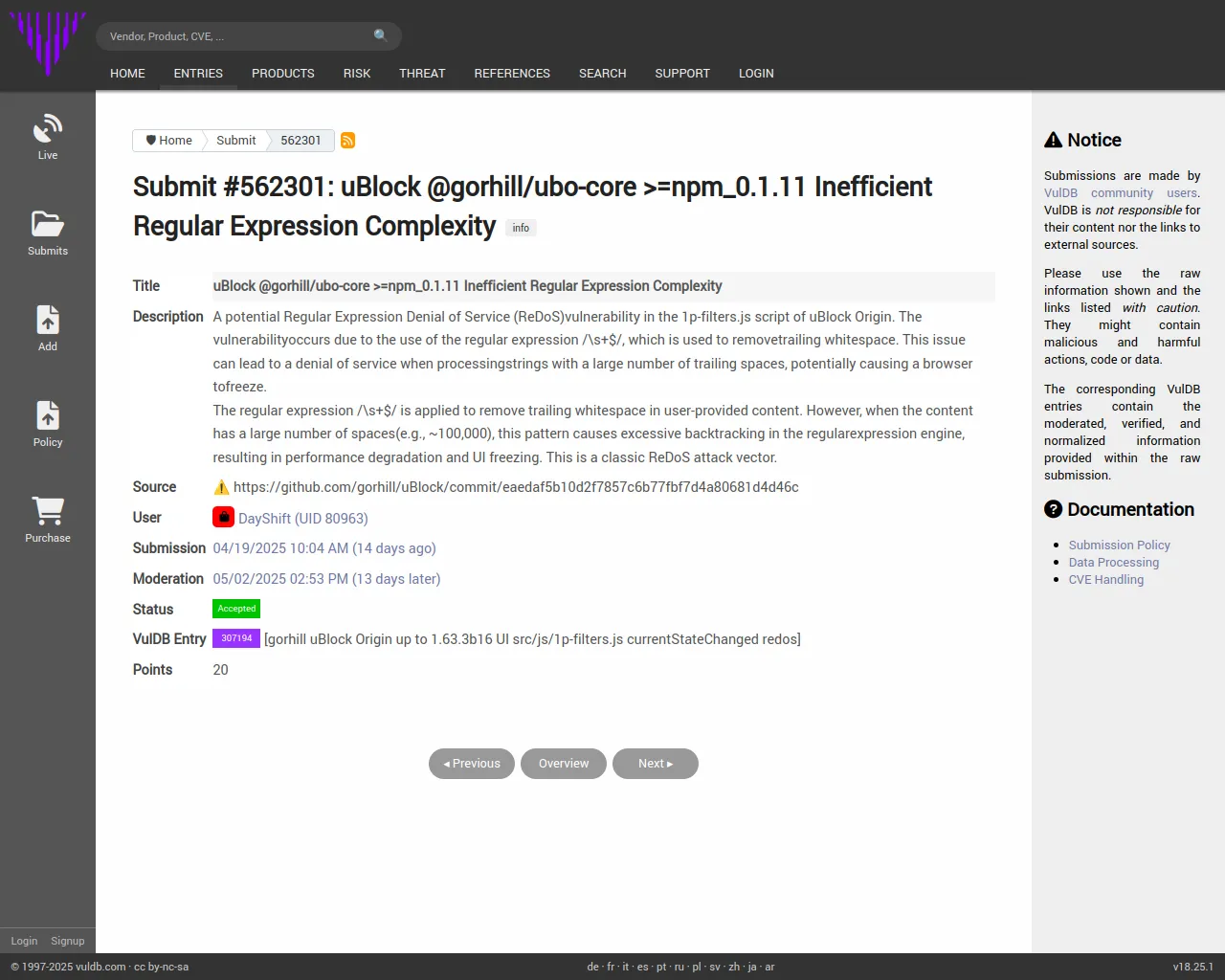 Submit #562301: uBlock @gorhill/ubo-core >=npm_0.1.11 Inefficient Regular Expression Complexity