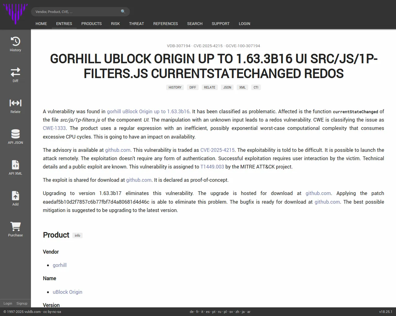 CVE-2025-4215 gorhill uBlock Origin UI 1p-filters.js currentStateChanged redos