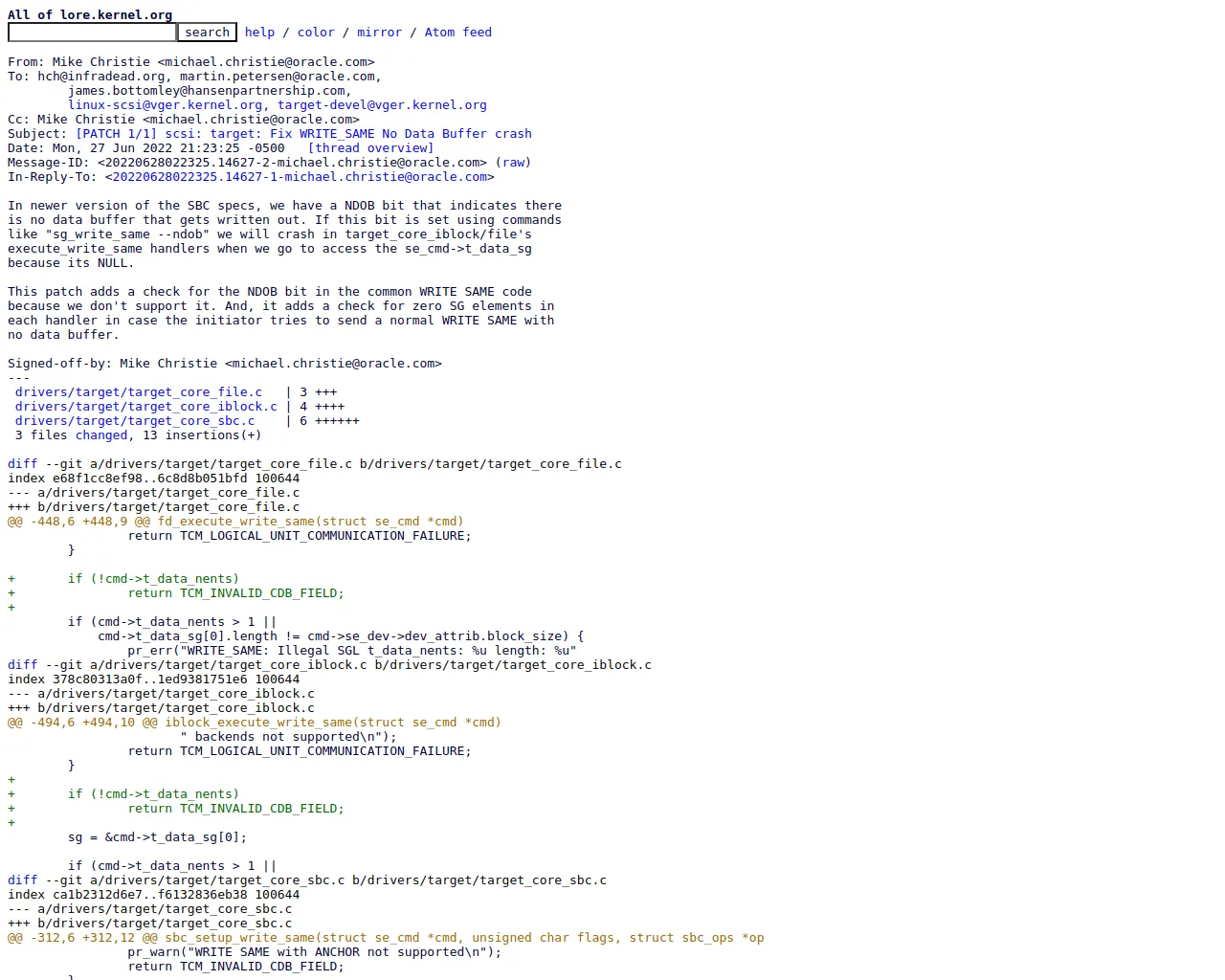 [PATCH 1/1] scsi: target: Fix WRITE_SAME No Data Buffer crash - Mike Christie