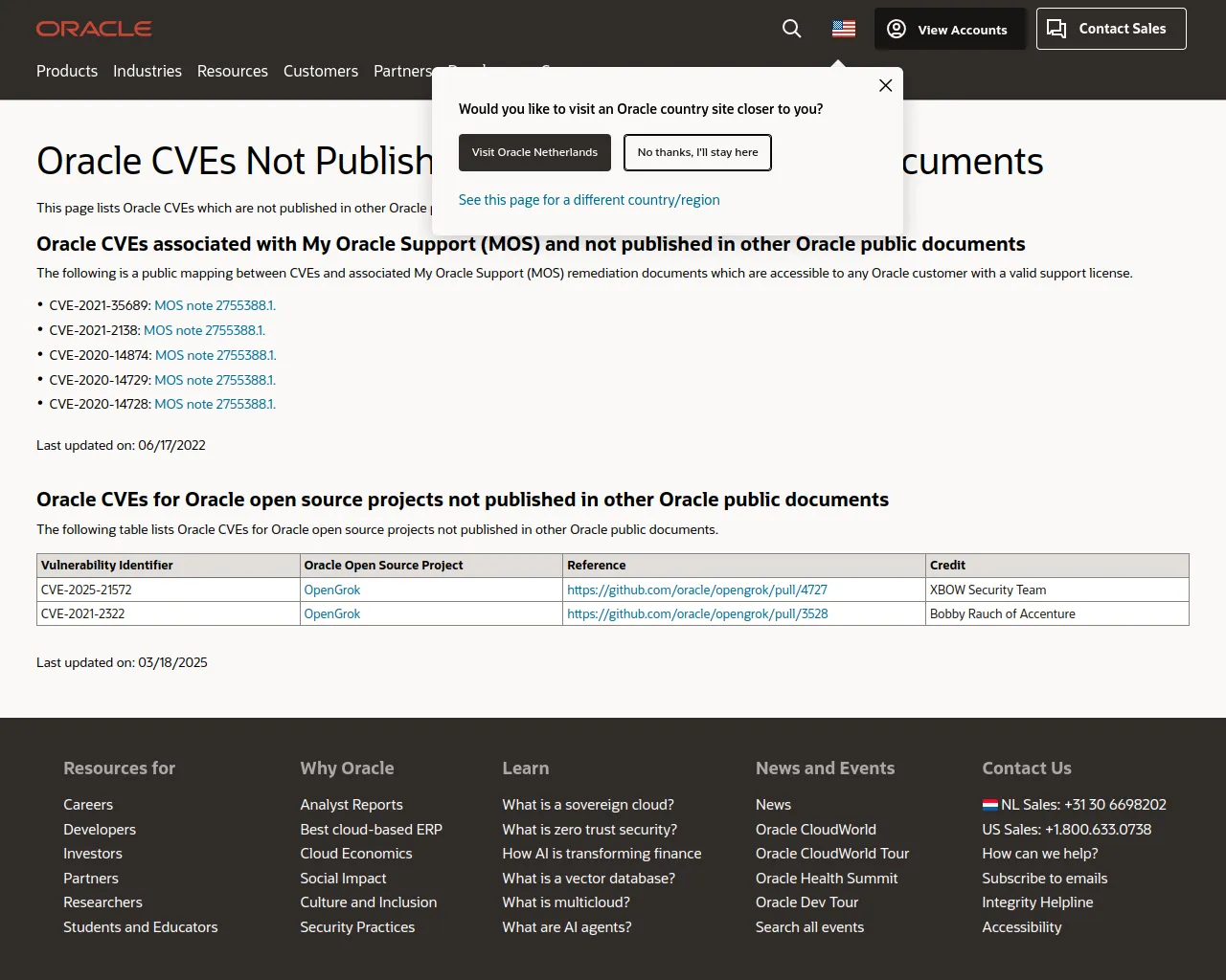 All Oracle CVEs not published in other Oracle public documents