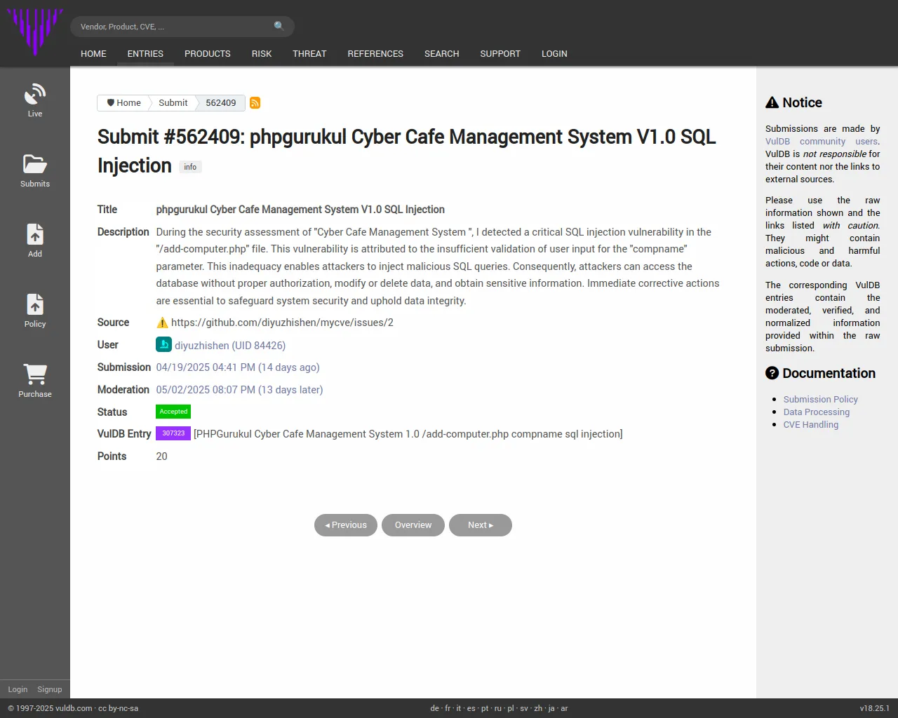 Submit #562409: phpgurukul Cyber Cafe Management System V1.0 SQL Injection