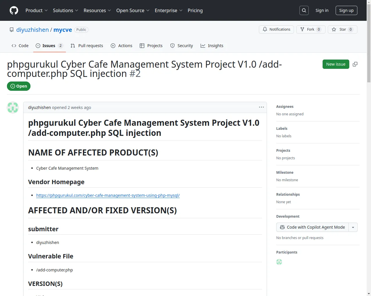 phpgurukul Cyber Cafe Management System Project V1.0 /add-computer.php SQL injection · Issue #2 · diyuzhishen/mycve