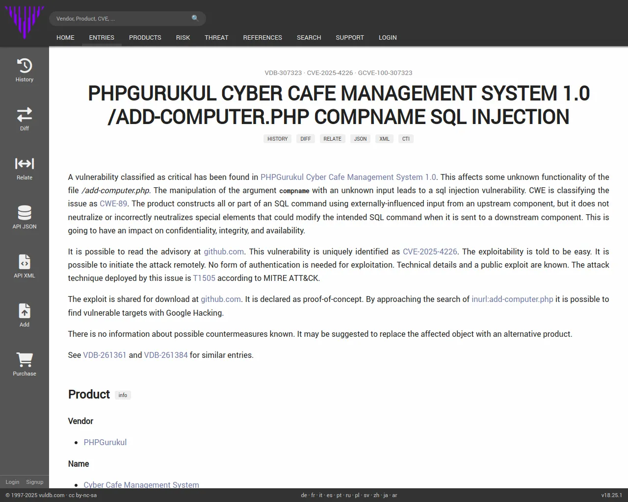CVE-2025-4226 PHPGurukul Cyber Cafe Management System add-computer.php sql injection