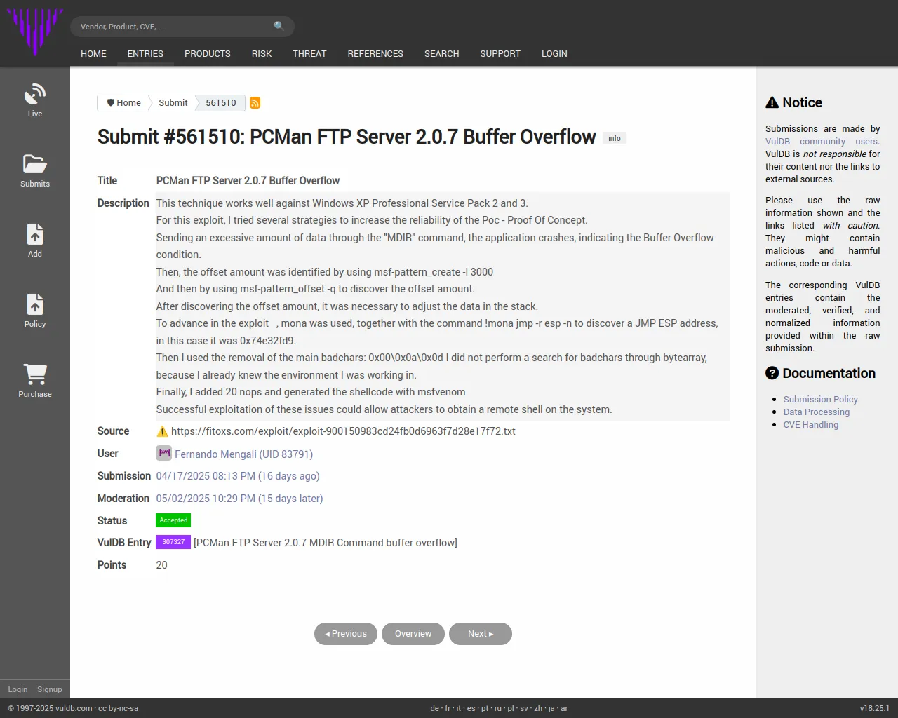 Submit #561510: PCMan FTP Server 2.0.7 Buffer Overflow