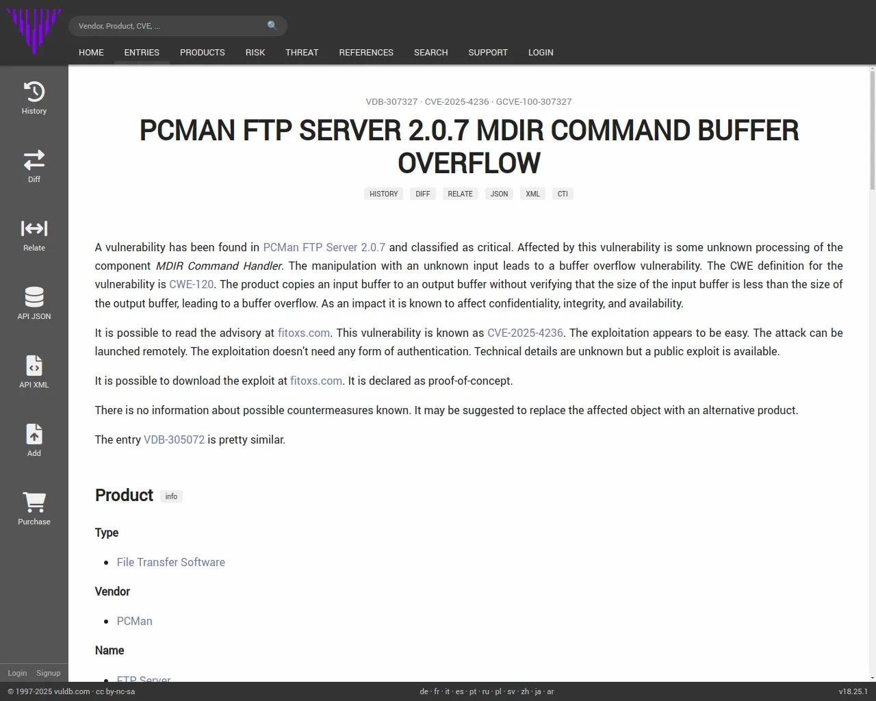 CVE-2025-4236 PCMan FTP Server MDIR Command buffer overflow