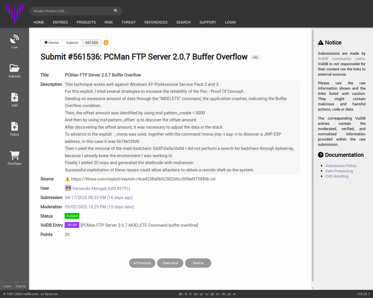 Submit #561536: PCMan FTP Server 2.0.7 Buffer Overflow