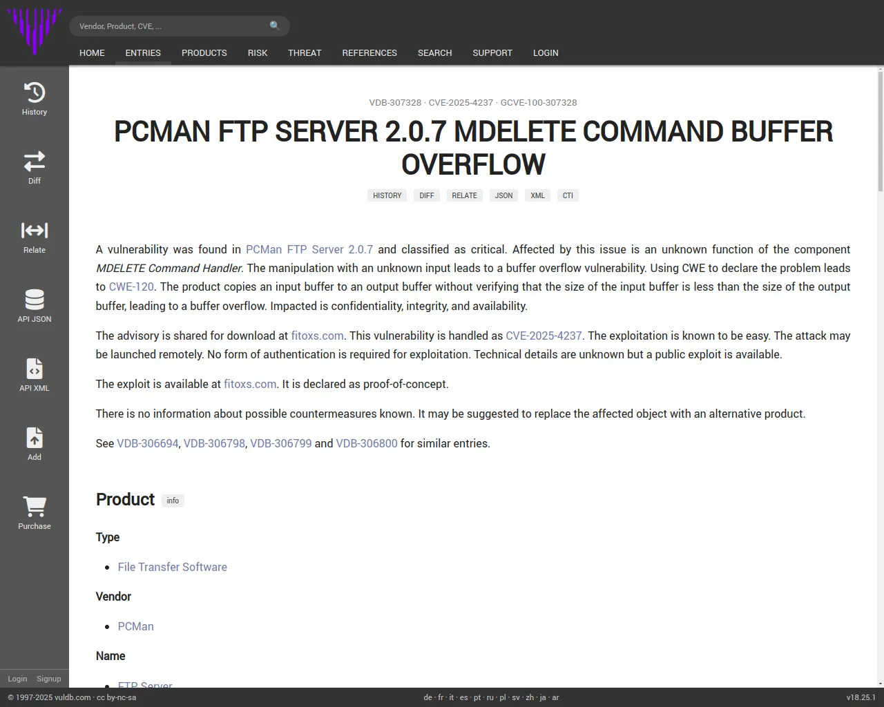 CVE-2025-4237 PCMan FTP Server MDELETE Command buffer overflow