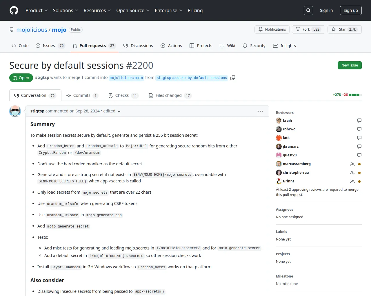 Secure by default sessions by stigtsp · Pull Request #2200 · mojolicious/mojo · GitHub