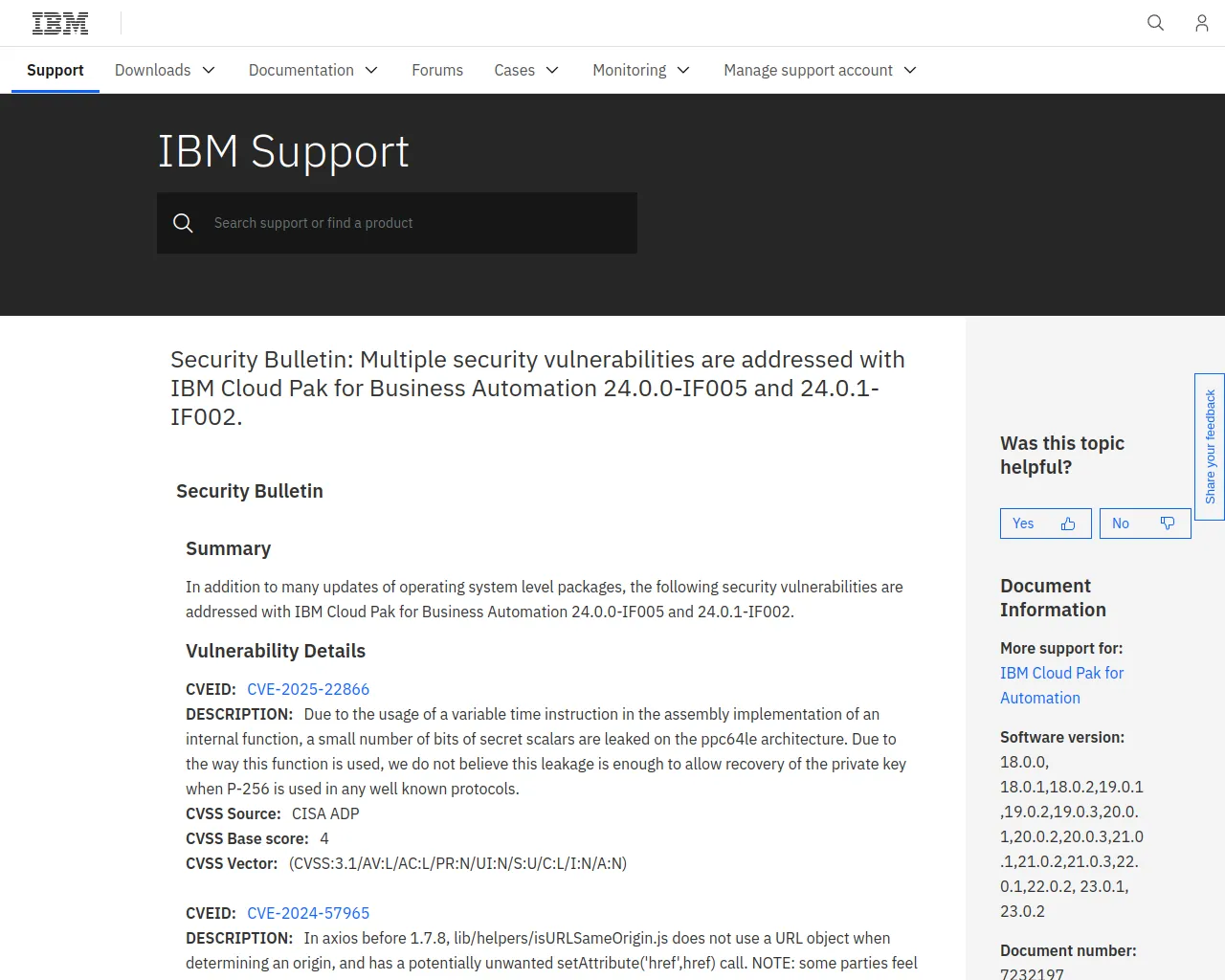 Security Bulletin: Multiple security vulnerabilities are addressed with IBM Cloud Pak for Business Automation 24.0.0-IF005 and 24.0.1-IF002.