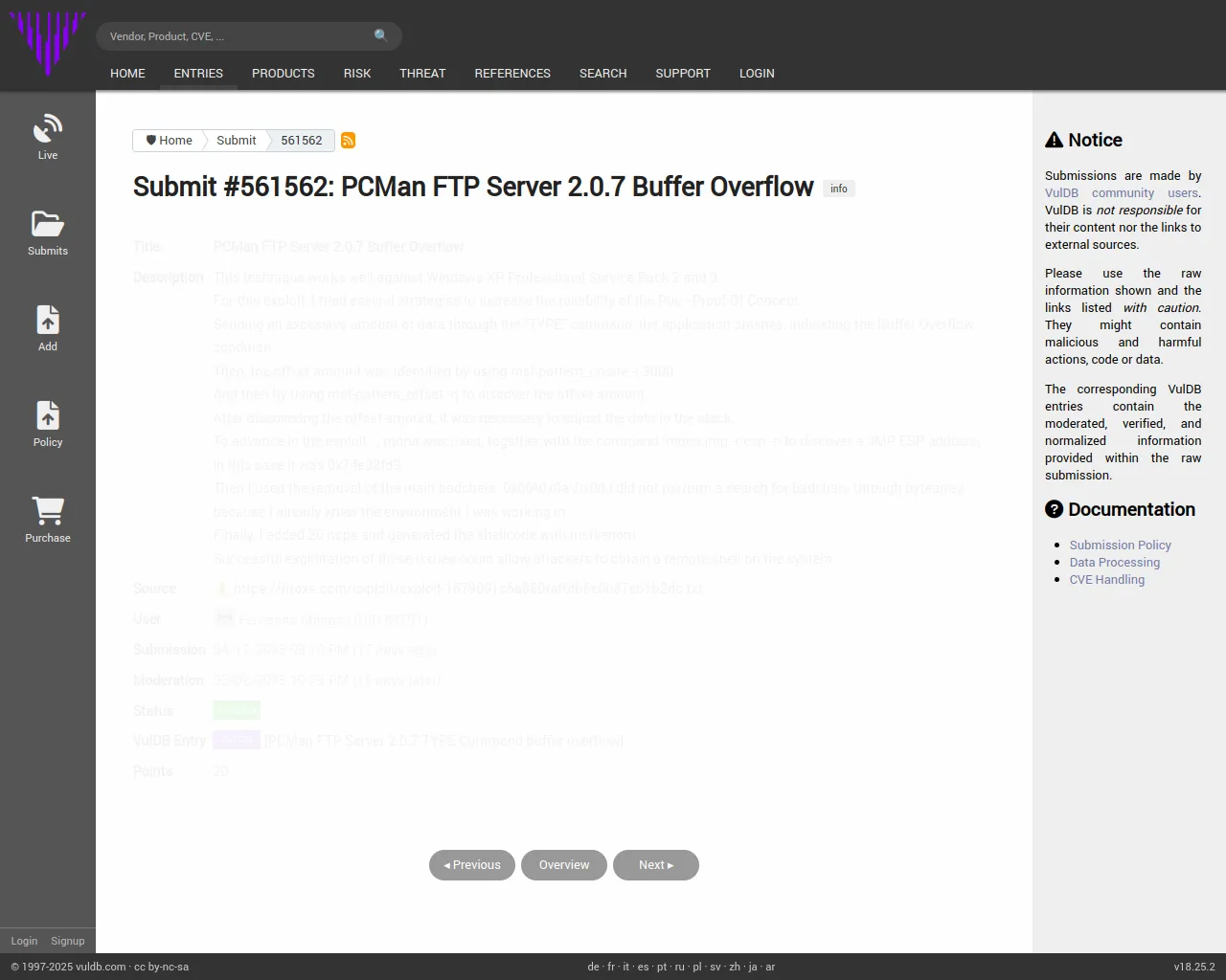 Submit #561562: PCMan FTP Server 2.0.7 Buffer Overflow