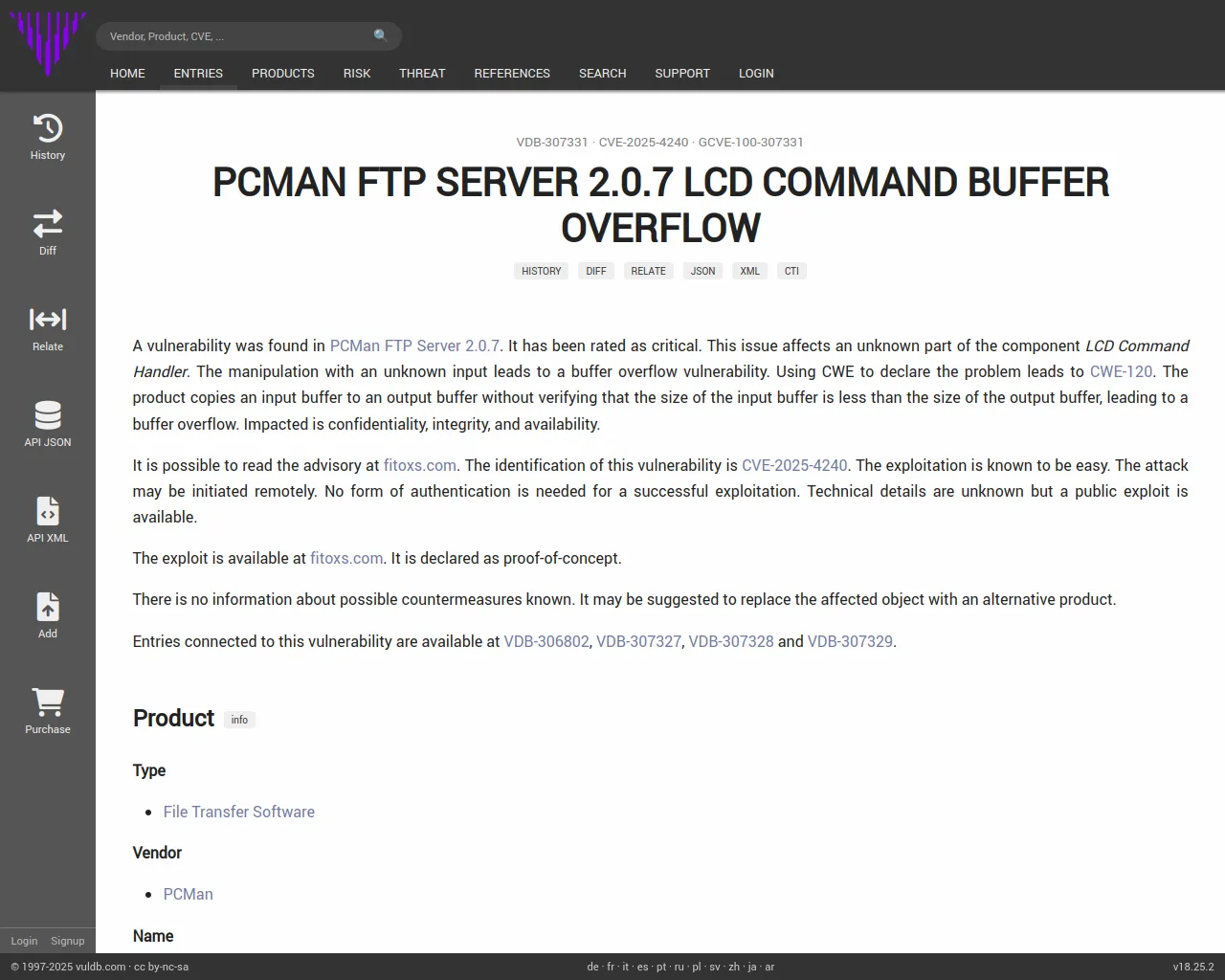 CVE-2025-4240 PCMan FTP Server LCD Command buffer overflow