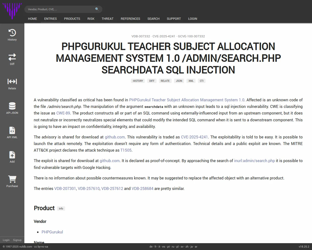 CVE-2025-4241 PHPGurukul Teacher Subject Allocation Management System search.php sql injection