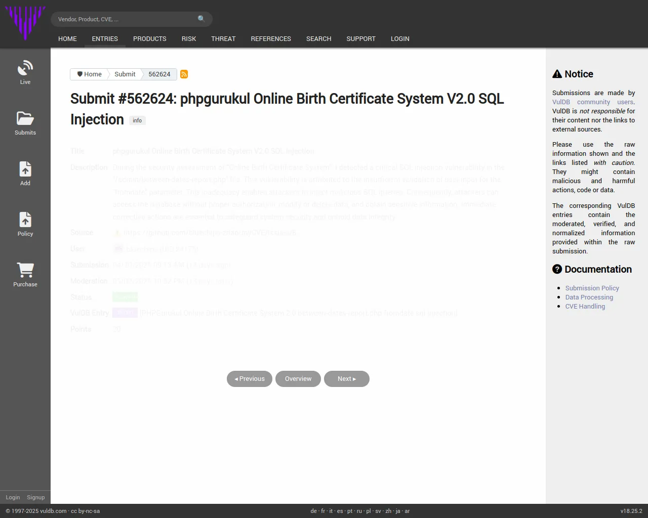 Submit #562624: phpgurukul Online Birth Certificate System V2.0 SQL Injection