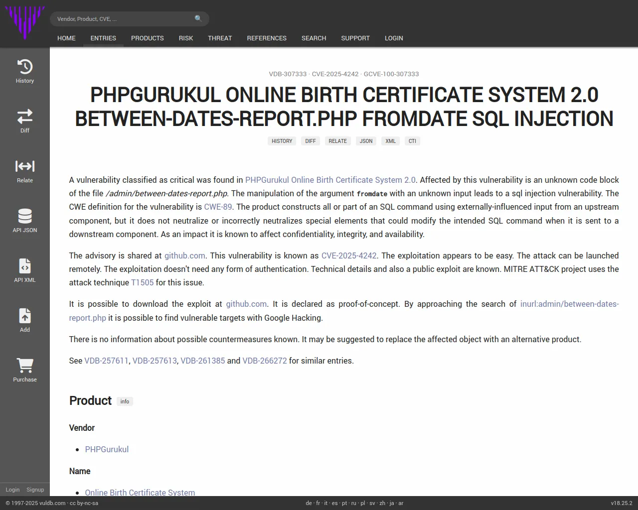 CVE-2025-4242 PHPGurukul Online Birth Certificate System between-dates-report.php sql injection