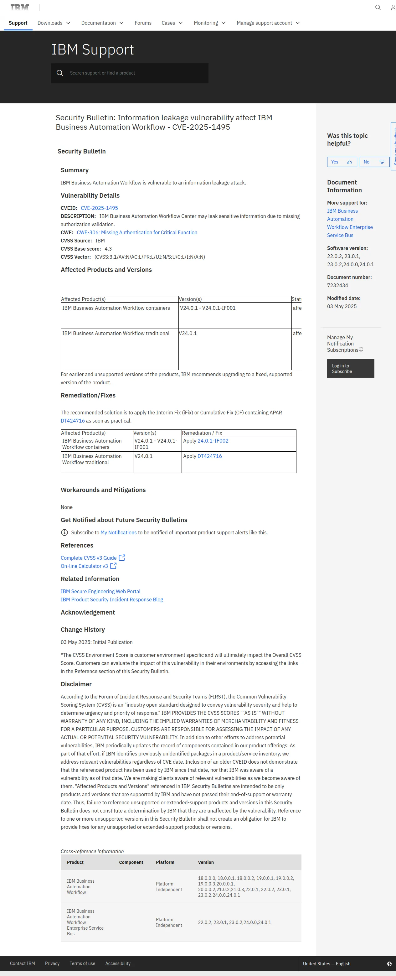 Security Bulletin: Information leakage vulnerability affect IBM Business Automation Workflow - CVE-2025-1495