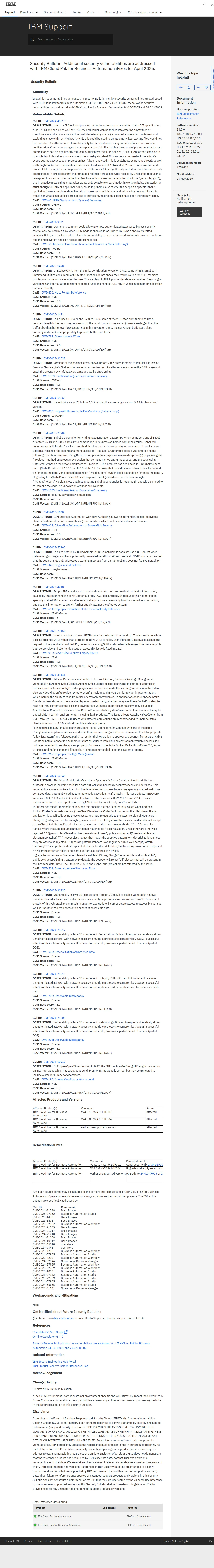 Security Bulletin: Additional security vulnerabilities are addressed with IBM Cloud Pak for Business Automation iFixes for April 2025.