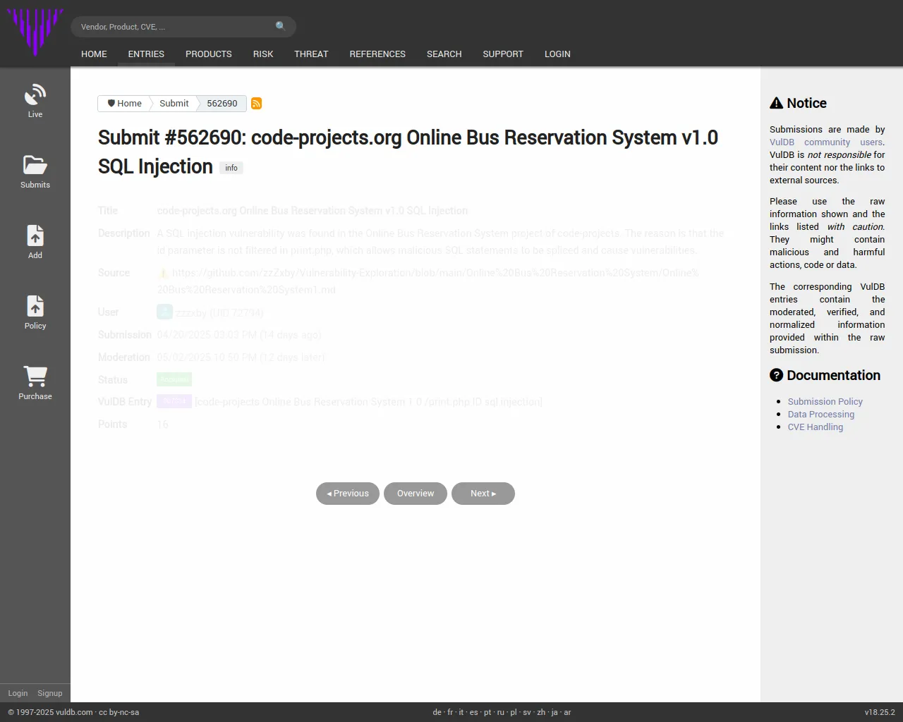 Submit #562690: code-projects.org Online Bus Reservation System v1.0 SQL Injection