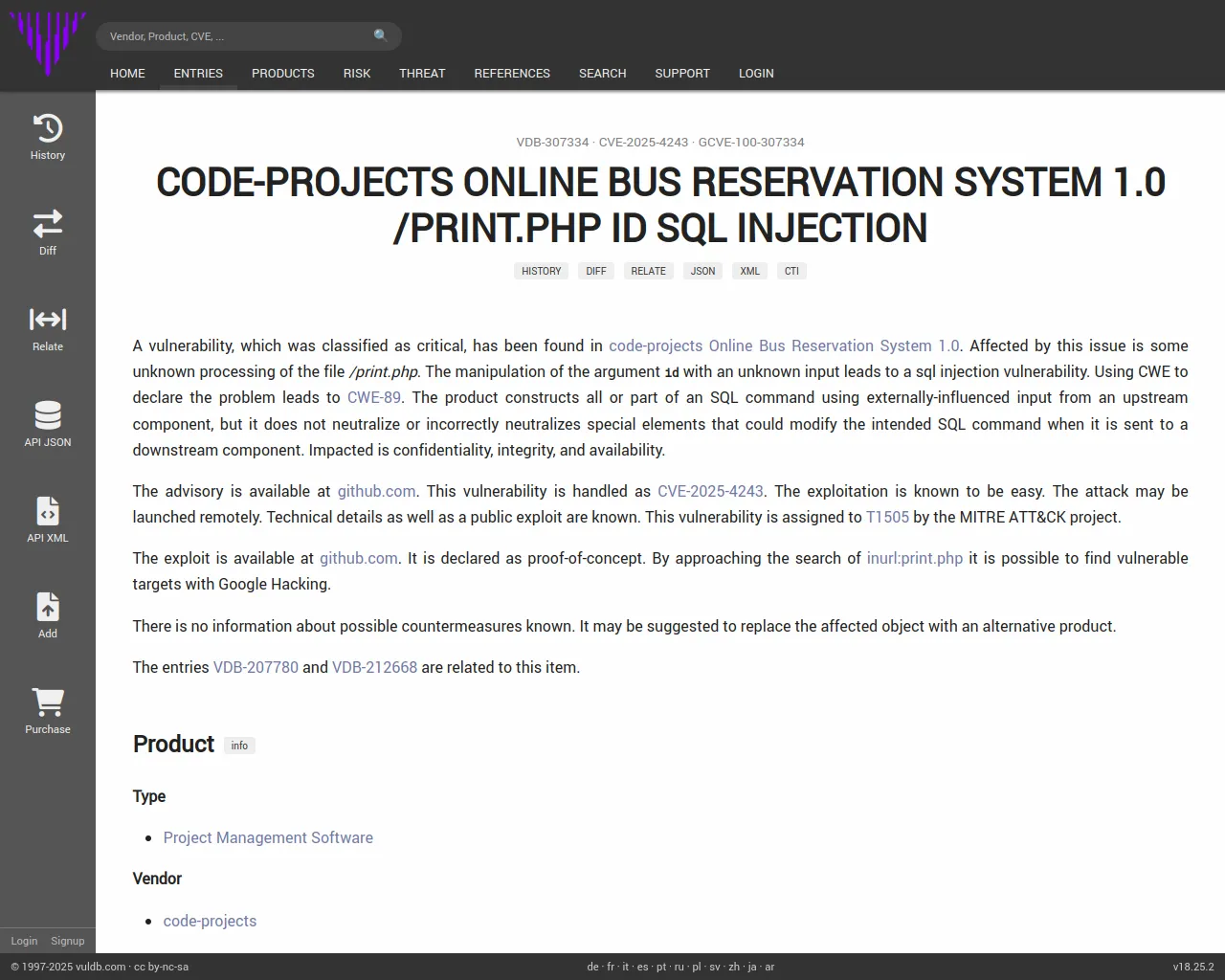 CVE-2025-4243 code-projects Online Bus Reservation System print.php sql injection
