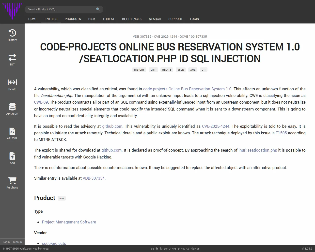CVE-2025-4244 code-projects Online Bus Reservation System seatlocation.php sql injection