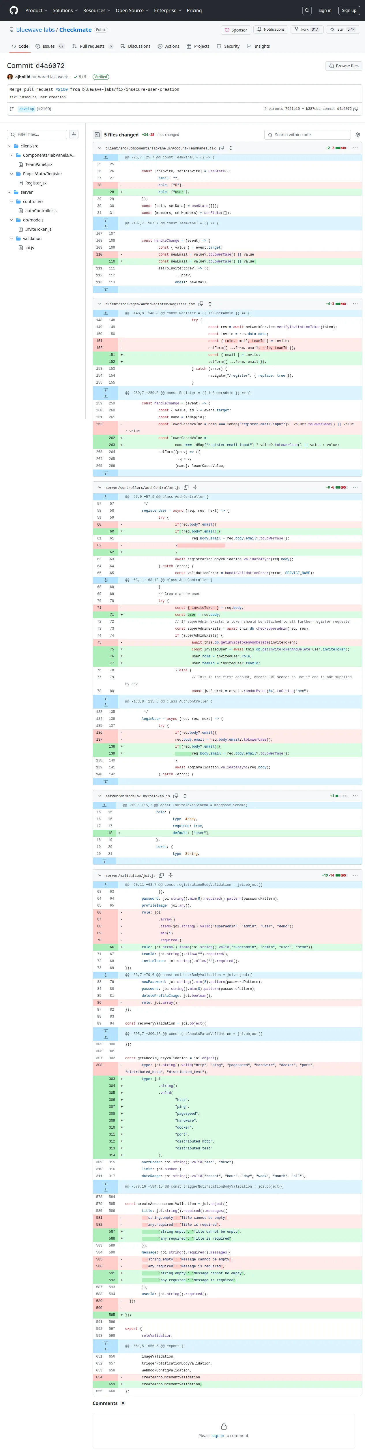 Merge pull request #2160 from bluewave-labs/fix/insecure-user-creation · bluewave-labs/Checkmate@d4a6072 · GitHub