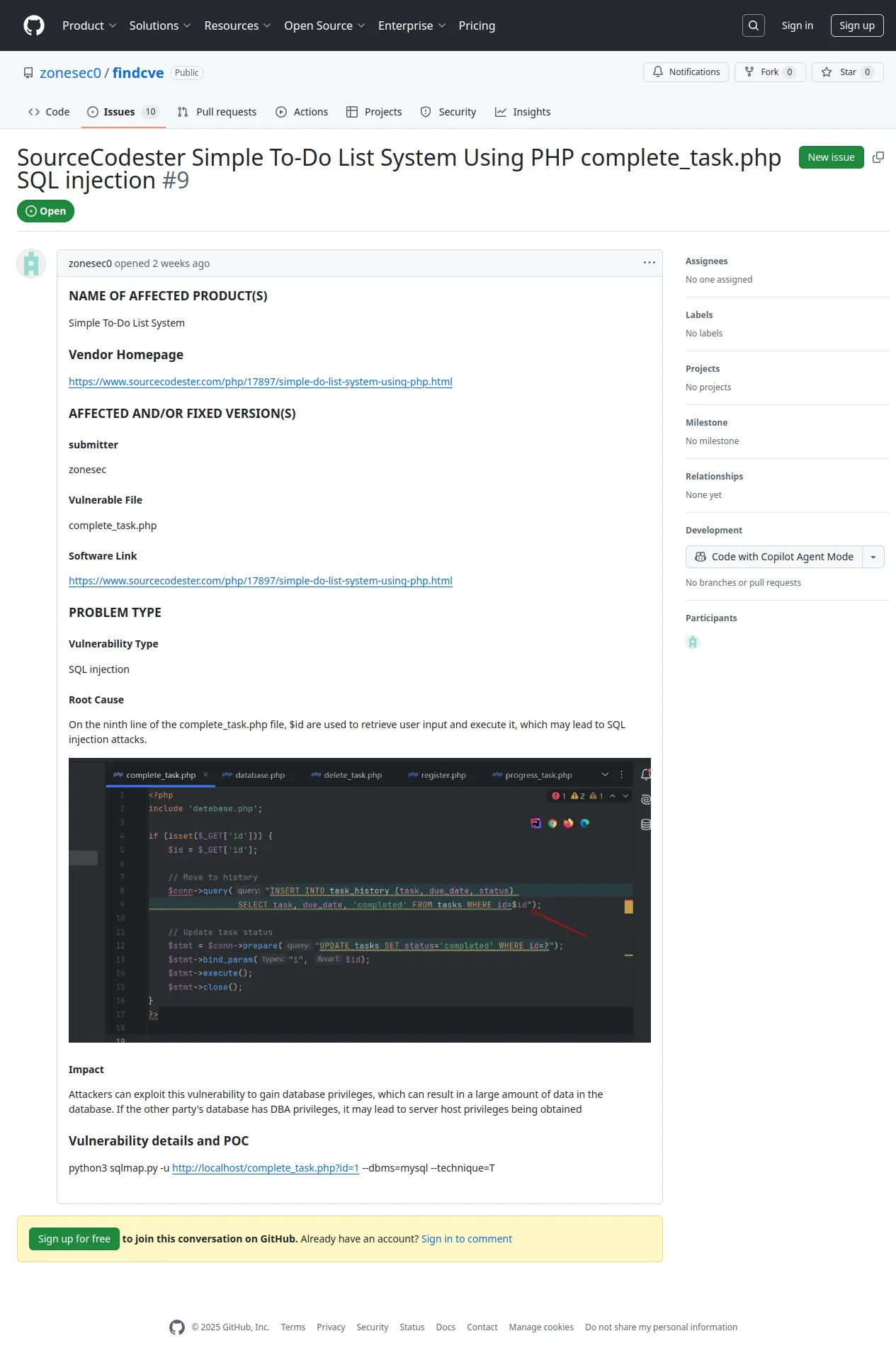 SourceCodester Simple To-Do List System Using PHP complete_task.php SQL injection · Issue #9 · zonesec0/findcve