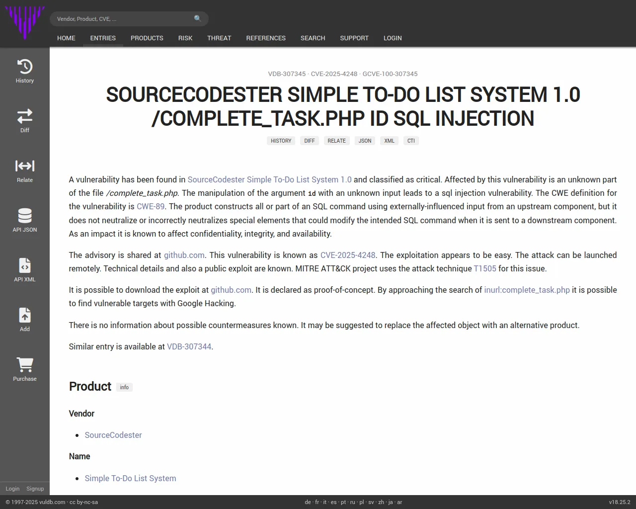 CVE-2025-4248 SourceCodester Simple To-Do List System complete_task.php sql injection