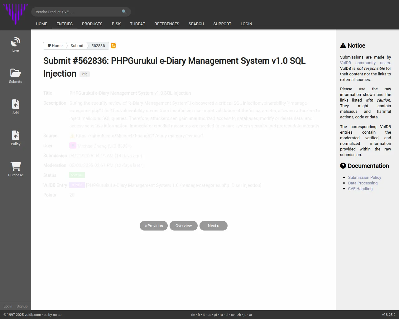 Submit #562836: PHPGurukul e-Diary Management System v1.0 SQL Injection