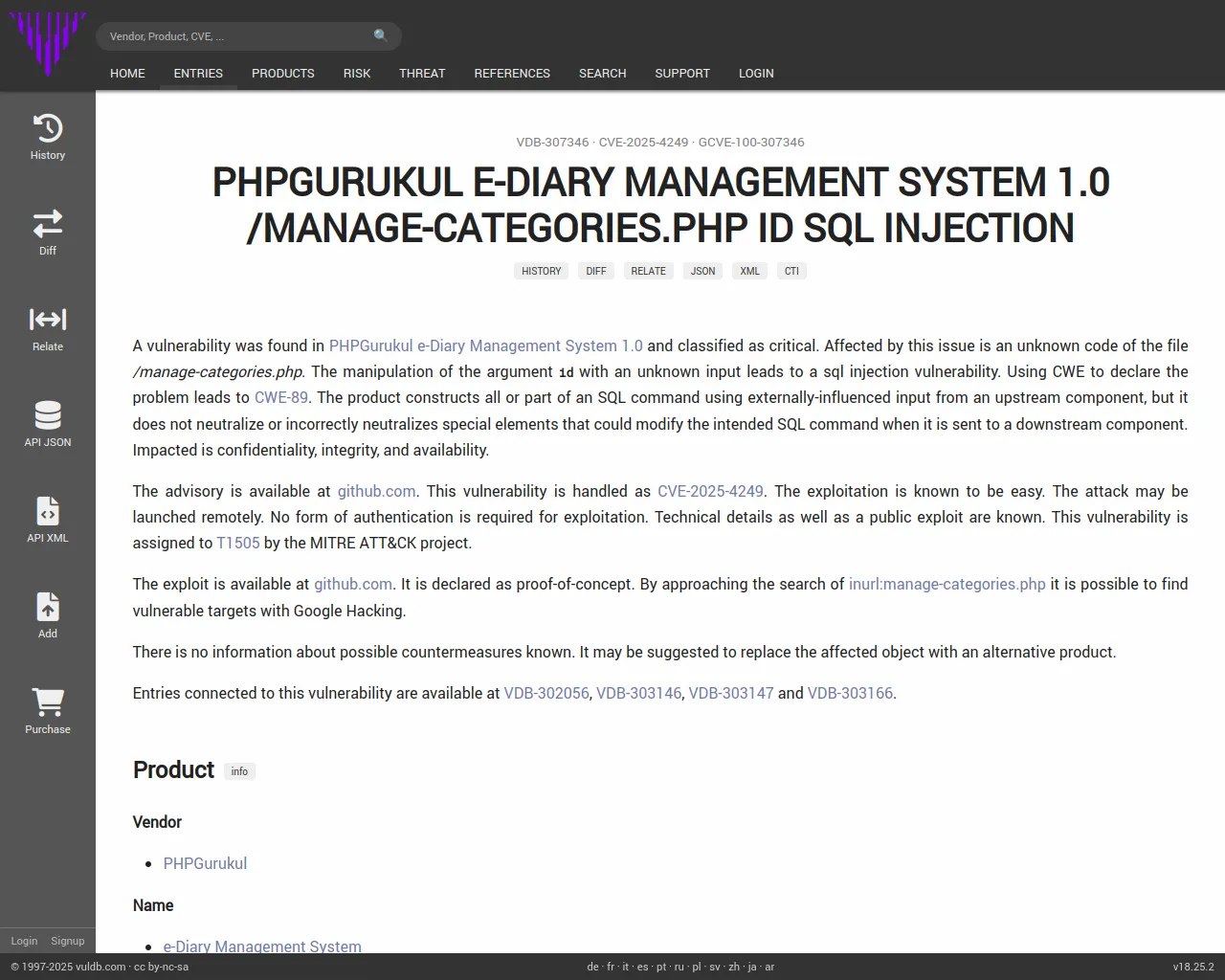 CVE-2025-4249 PHPGurukul e-Diary Management System manage-categories.php sql injection