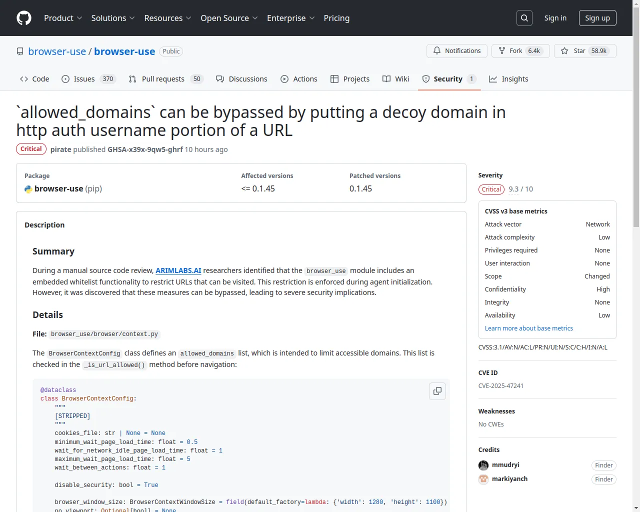 `allowed_domains` can be bypassed by putting a decoy domain in http auth username portion of a URL · Advisory · browser-use/browser-use · GitHub