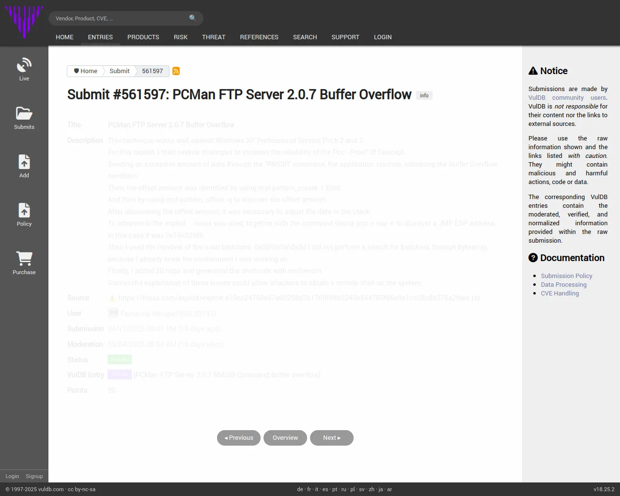Submit #561597: PCMan FTP Server 2.0.7 Buffer Overflow