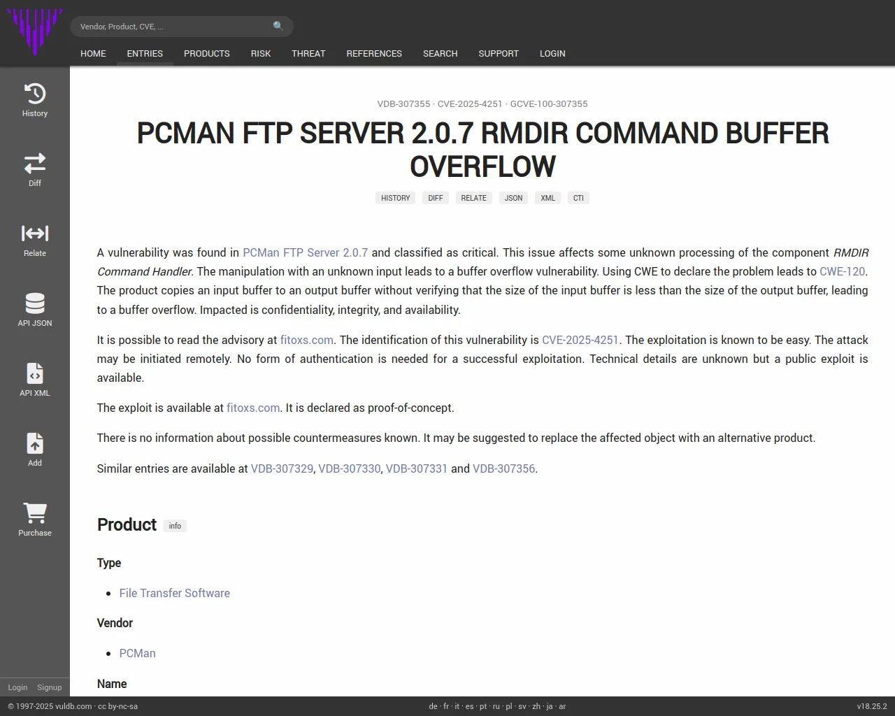 CVE-2025-4251 PCMan FTP Server RMDIR Command buffer overflow