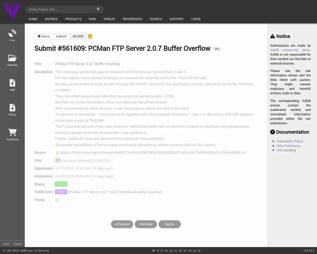 Submit #561609: PCMan FTP Server 2.0.7 Buffer Overflow