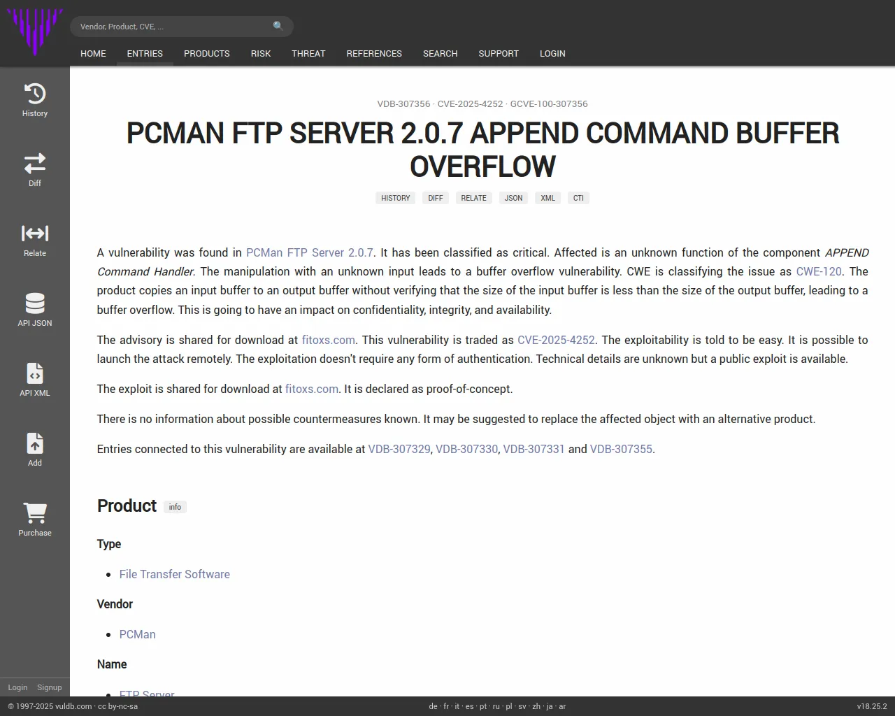 CVE-2025-4252 PCMan FTP Server APPEND Command buffer overflow