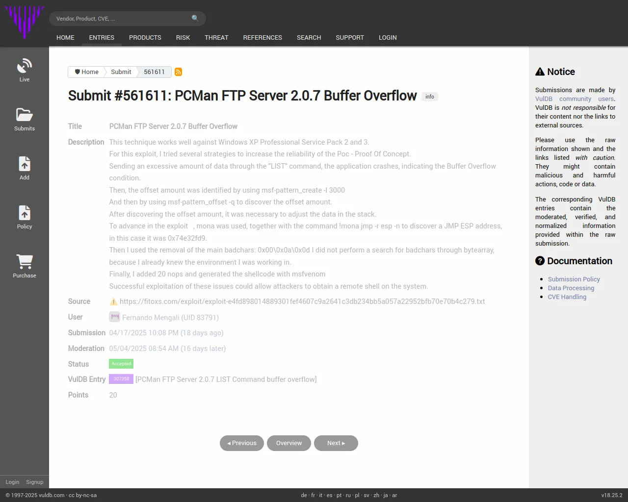 Submit #561611: PCMan FTP Server 2.0.7 Buffer Overflow