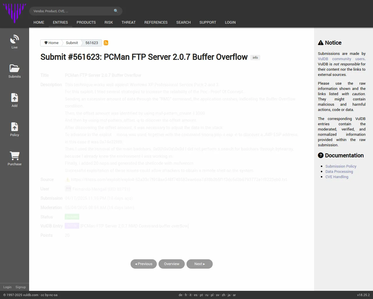 Submit #561623: PCMan FTP Server 2.0.7 Buffer Overflow